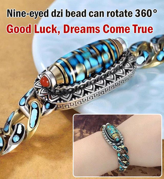 Turquoise Six-character Mantra Nine-eyed Dzi Bead Bracelet